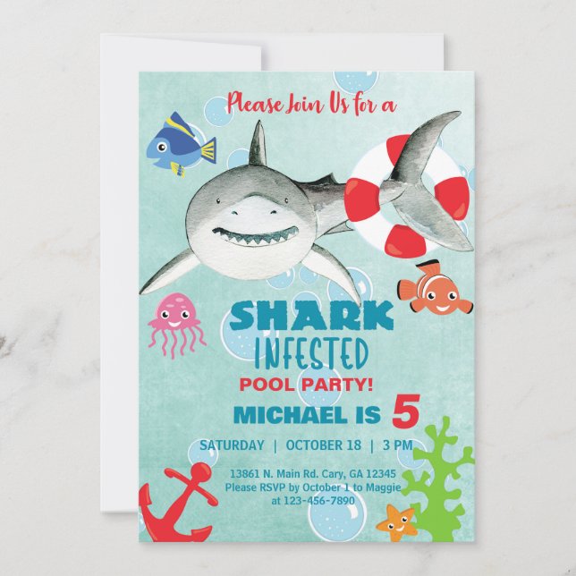 Shark infested boy pool party birthday invite. invitation (Front)