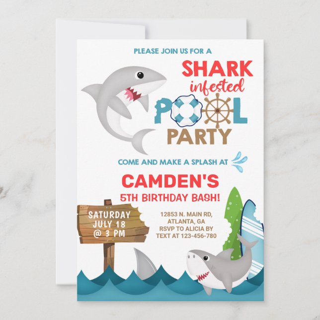 Shark infested pool party bash, boy birthday. invitation (Front)