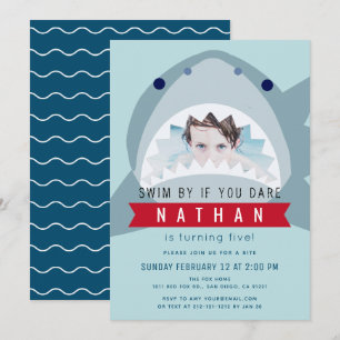 Shark Light Blue Pool Boy Photo Birthday Invitation