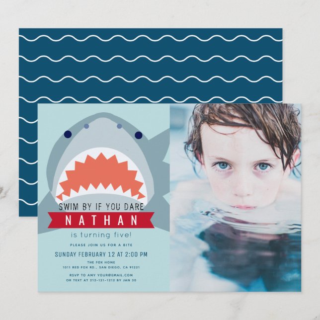 Shark Light Blue Pool Photo Boy Birthday Invitation (Front/Back)