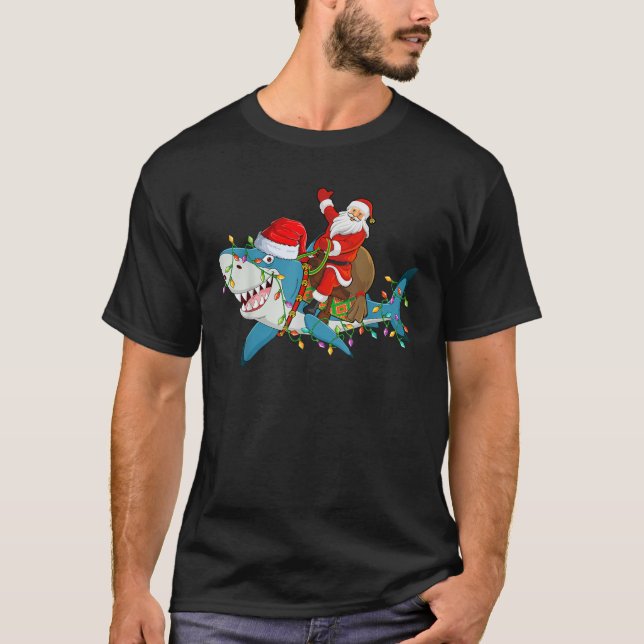 Shark Lover Xmas Lights Santa Ride Shark Christmas T-Shirt (Front)