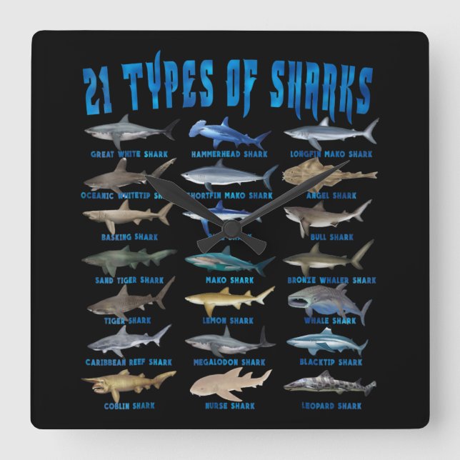 Shark Lovers 21 Types Of Sharks Ocean Animal Square Wall Clock (Front)