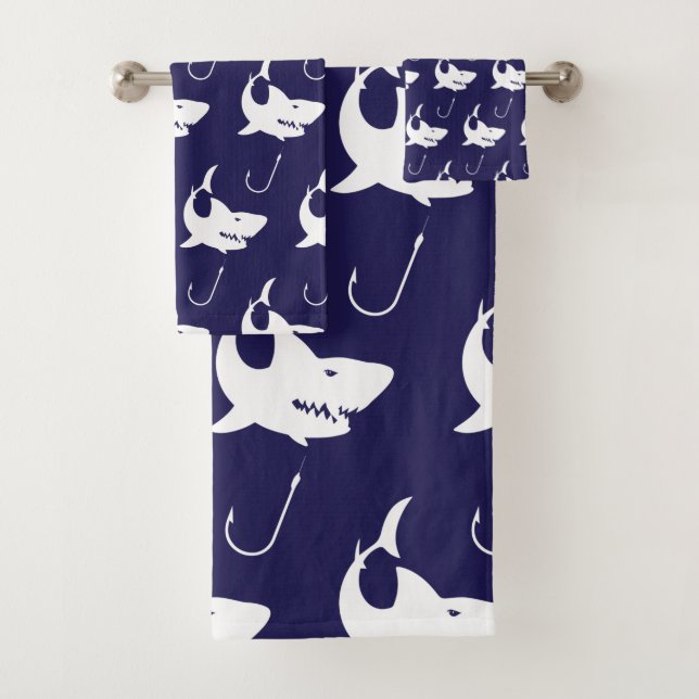 Shark Lovers Nautical Fisherman Fish Hooks Navy Bath Towel Set (Insitu)