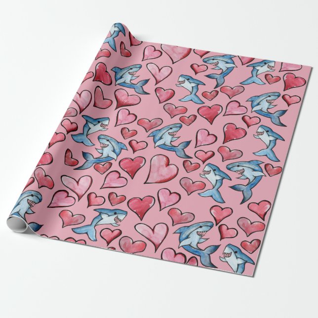 Shark Lovers Sharks and Heart Pattern Valentine Wrapping Paper (Unrolled)