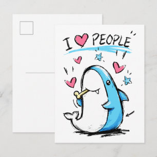 Shark Loves People Funny Doodle Cartoon Postcard