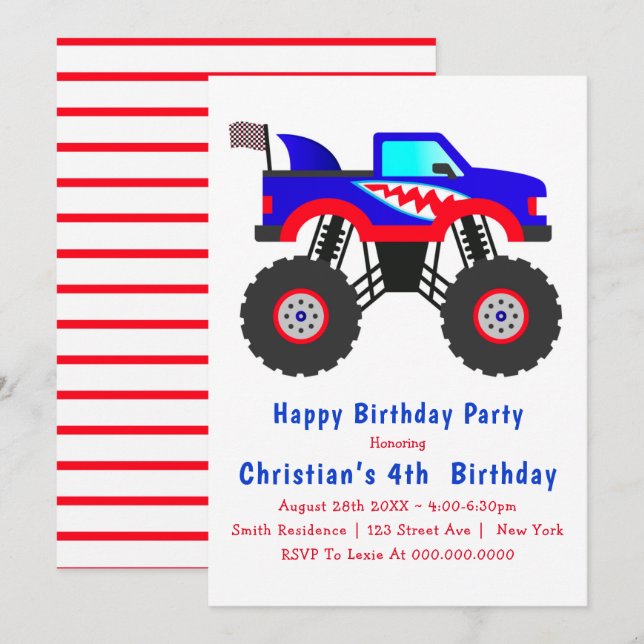 Shark Monster Truck 4th Birthday Invitations (Front/Back)