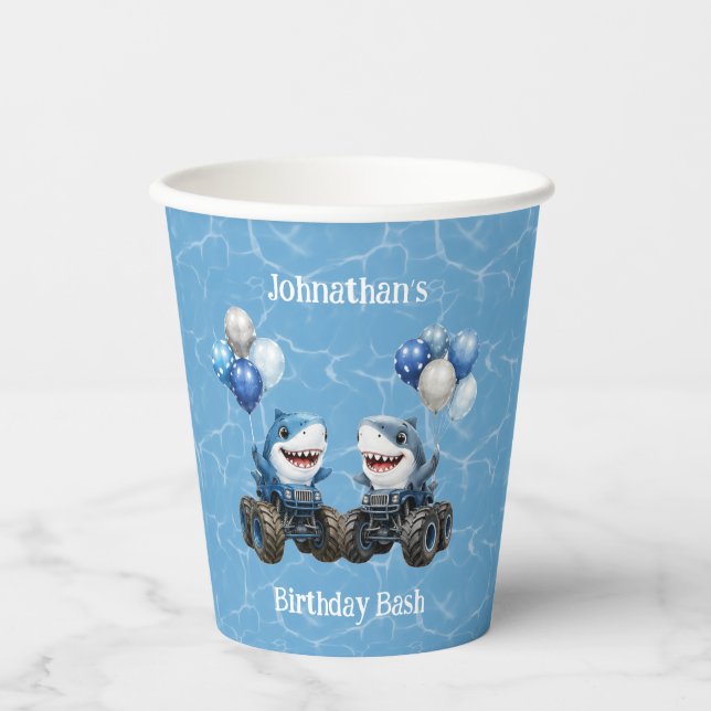 Shark Monster Truck Birthday Bash Paper Cups (Front)
