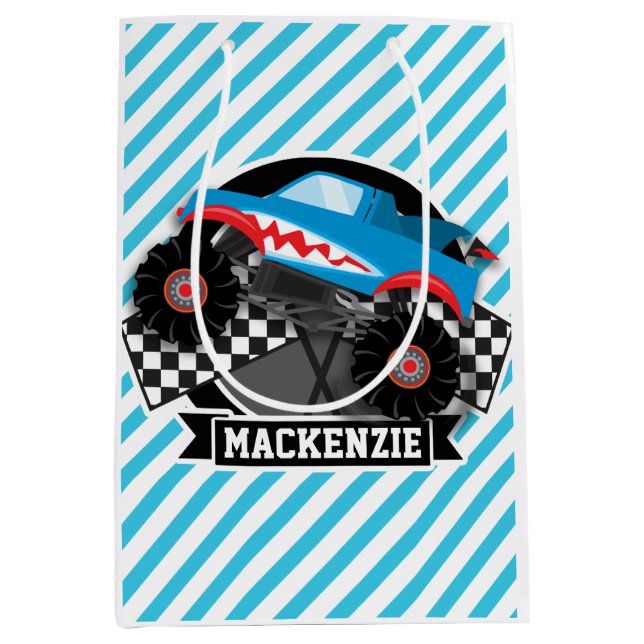 Shark Monster Truck; Chequered Flag; Blue Stripes Medium Gift Bag (Front)