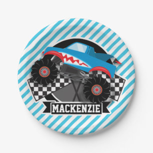 Shark Monster Truck; Chequered Flag; Blue Stripes Paper Plate