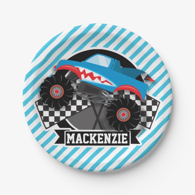 Shark Monster Truck; Chequered Flag; Blue Stripes Paper Plate (Front)