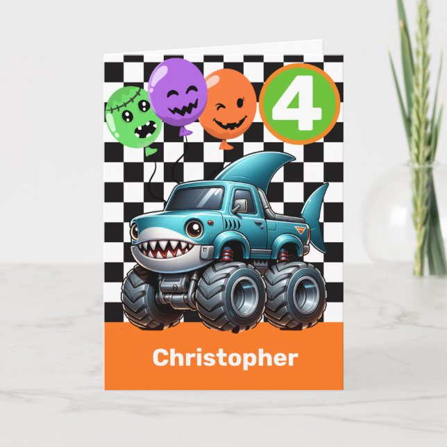 Shark Monster Truck Halloween 4th Birthday  Card (Front)