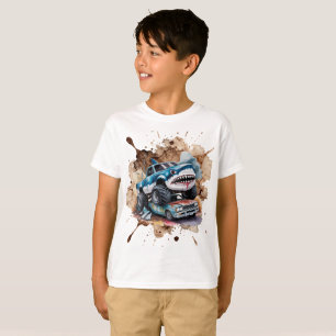Shark Monster Truck Mud Splatter Boy Birthday T-Shirt