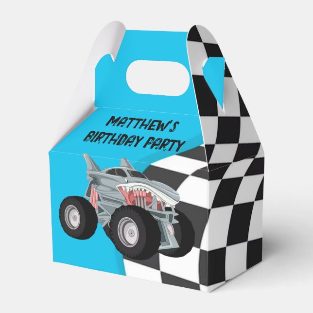 Shark Monster Truck Racing Flag Birthday Party Favour Box (Front Side)