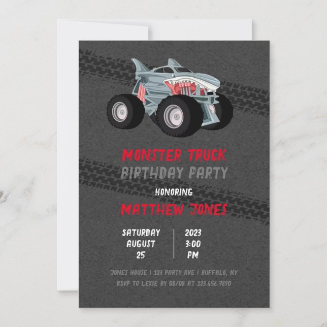 Shark Monster Truck Racing Flag Birthday Party Invitation (Front)
