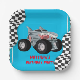 Shark Monster Truck Racing Flag Birthday Party Paper Plate