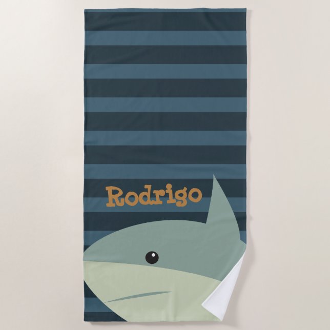 Shark Name Boy Blue Striped Kids Sea Animal Simple Beach Towel (Front)