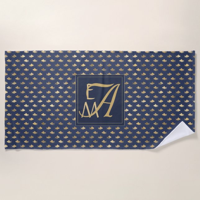 Shark Navy Blue Gold Monogram Home Decor Newlyweds Beach Towel (Front)