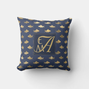Shark Navy Blue Gold Monogram Home Decor Newlyweds Cushion