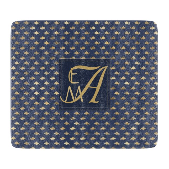Shark Navy Blue Gold Monogram Home Decor Newlyweds Cutting Board (Front)