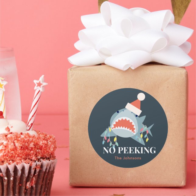 Shark No Peeking Christmas Holiday Lights Classic Round Sticker (Party)
