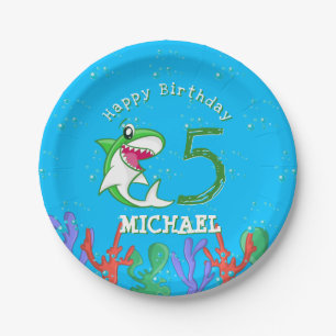 Shark Ocean Kids Green Any Age Birthday Paper Plate
