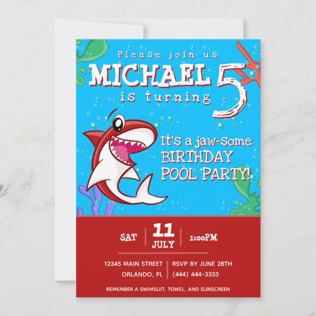 Shark Ocean Kids Red Any Age Birthday Invitation (Front)