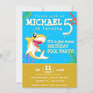 Shark Ocean Kids Yellow Any Age Birthday Invitation