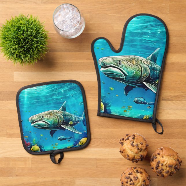 Shark Ocean Predator Art Oven Mitt & Pot Holder Set (Top Down)
