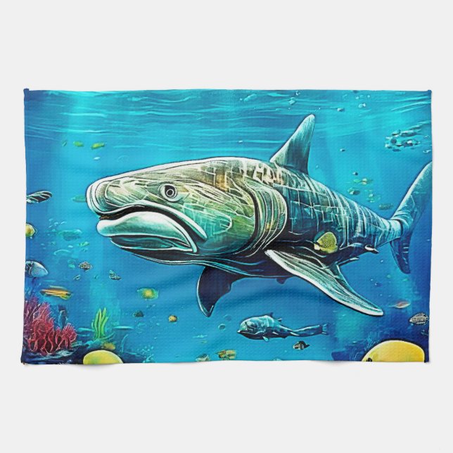 Shark Ocean Predator Art Tea Towel (Horizontal)