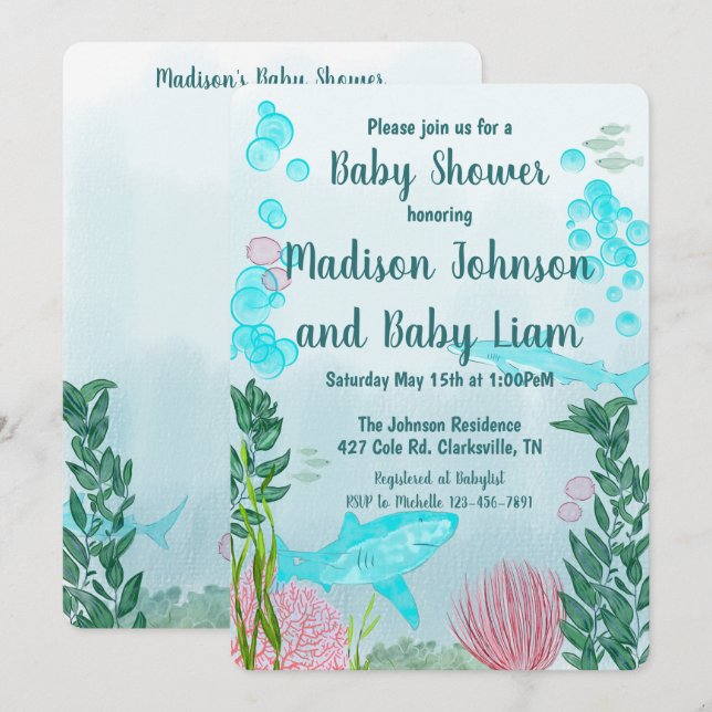 Shark, Ocean, Sea Life Baby Shower Invitation (Front/Back)