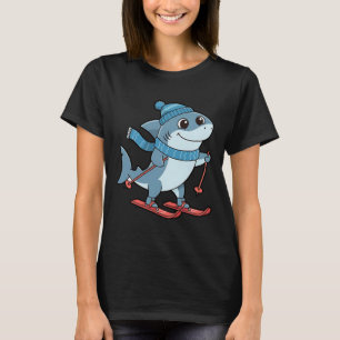 Shark On Skis Cozy Winter Alpine Slopes Cartoon T-Shirt