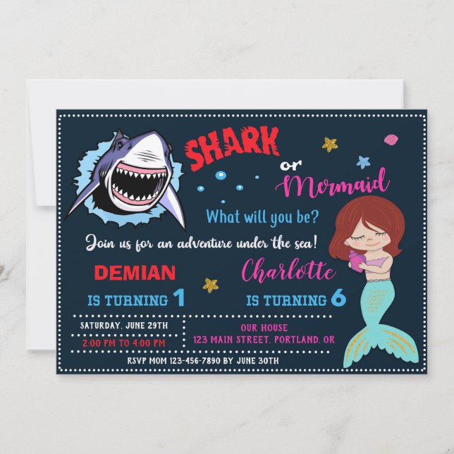 Shark or Mermaid invitation 1st First birthday (Front)