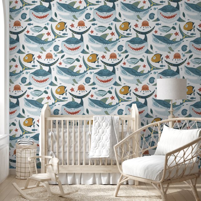 Shark pattern kids cool under the sea ocean wallpaper (Kids)