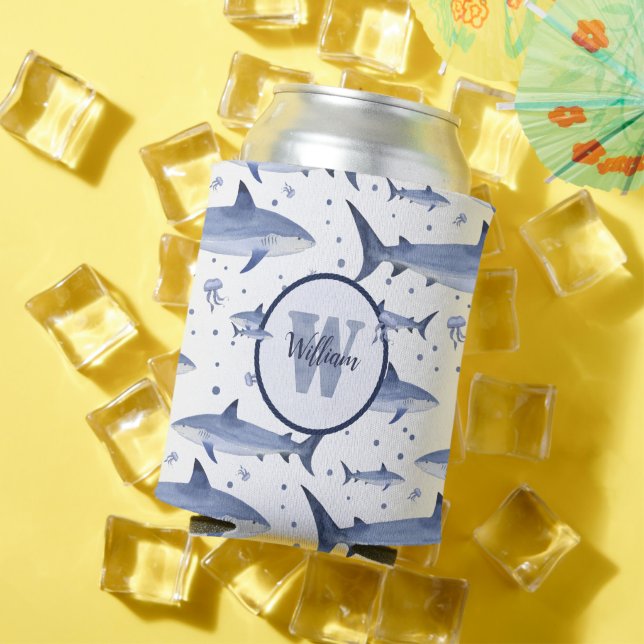 Shark Pattern 🦈 Name + Watercolor Monogram  Can Cooler (In Situ Summer)
