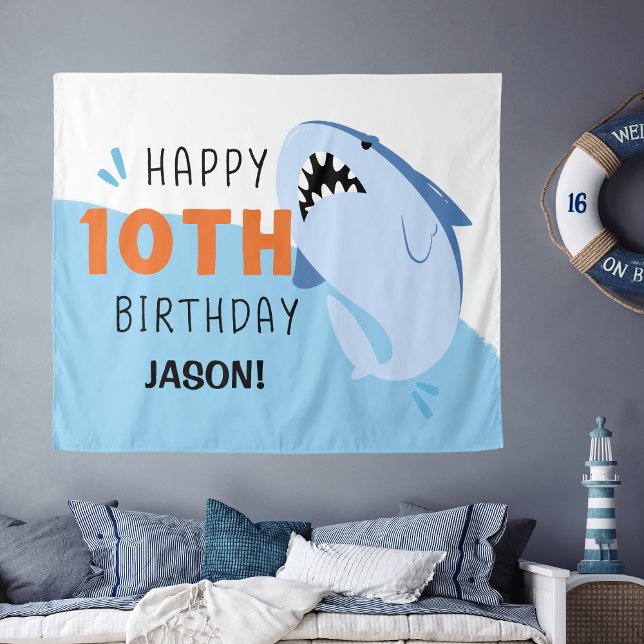 Shark Personalised Kids 10th Birthday Backdrop Tapestry (Shark Personalized Kids 10th Birthday Backdrop
)