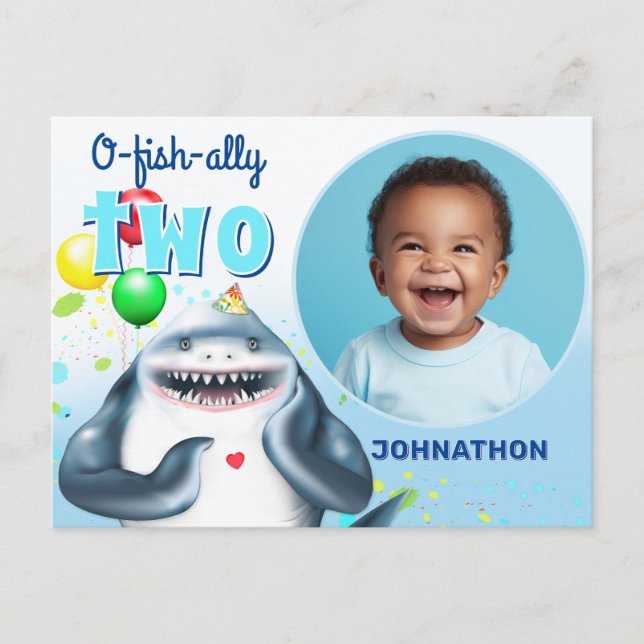 Shark Photo Kids Birthday Announcement Postcard (Front)