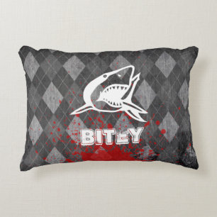 Shark Pictogram on Grungy Black Argyle Decorative Cushion