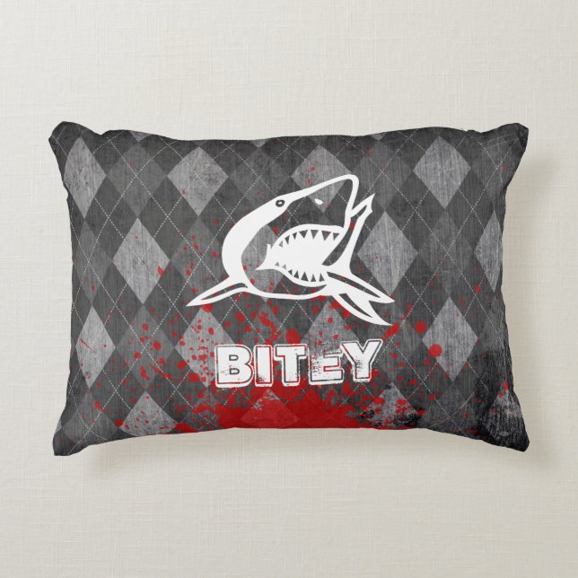 Shark Pictogram on Grungy Black Argyle Decorative Cushion (Front)