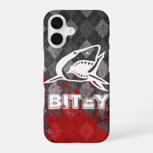Shark Pictogram on Grungy Black Argyle iPhone 16 Case