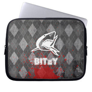 Shark Pictogram on Grungy Black Argyle Laptop Sleeve