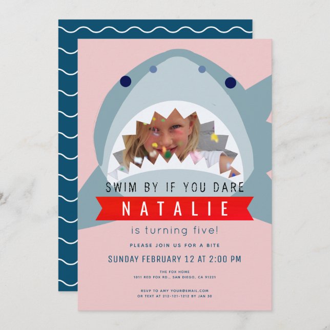 Shark Pink & Navy Blue Pool Girl Photo Birthday Invitation (Front/Back)