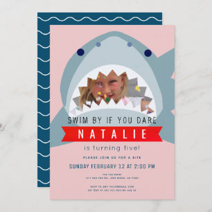 Shark Pink & Navy Blue Pool Girl Photo Birthday Invitation
