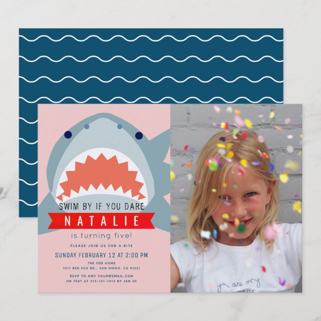 Shark Pink & Navy Blue Pool Photo Girl Birthday Invitation (Front/Back)