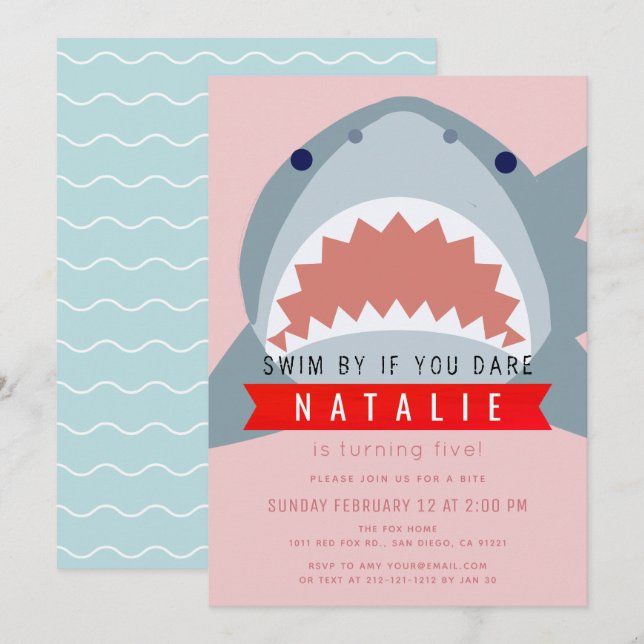 Shark Pink Pool Girl Birthday Invitation (Front/Back)