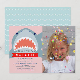 Shark Pink Pool Photo Girl Birthday Invitation