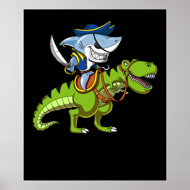 Shark Pirate Riding A T-Rex Dinosaur Fantasy Poster (Front)