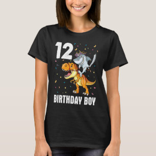 Shark Pirate Riding Dinosaur Happy Birthday 12 Yea T-Shirt