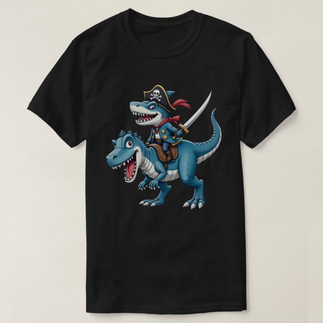 Shark Pirate Riding Dinosaur T Rex Kids Boys Men T-Shirt (Design Front)