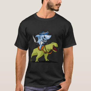 Shark Pirate Riding T-Rex Dinosaur Funny T-Shirt