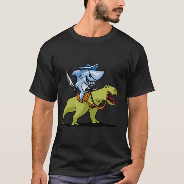 Shark Pirate Riding T-Rex Dinosaur Funny T-Shirt (Front)